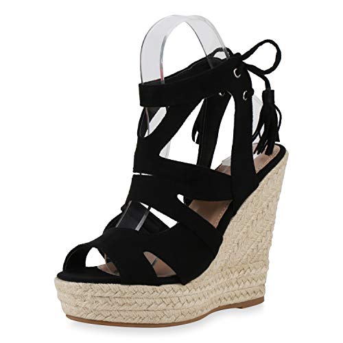 SCARPE VITA Damen Bast Keilsandaletten Quasten Cut-Outs Sommer-Sandaletten Wedges Sommer-Schuhe Wildleder-Optik 196381 Schwarz Black Bast 36