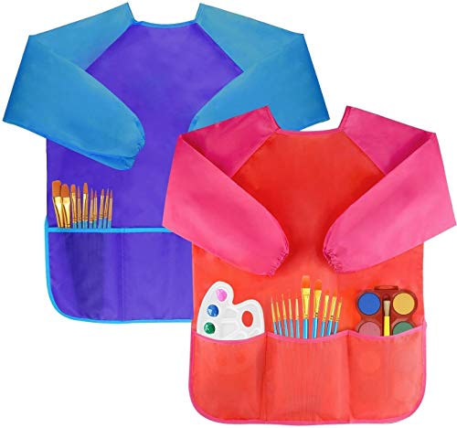 Amaza 2Pcs Malschürze Kinder Malkittel Bastelschürze 2-8 Jahre Langarm mit Klettverschluss (Blau & Rot)