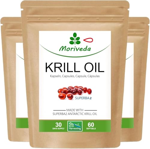 Superba Premium Krillöl Softgel Caps - mit revolutionärem Omega 3 Öl - verestertem Astaxanthin, Antioxidantien & Vitaminen - Herz Immunsystem Gedächtnis - 180 Kapseln von MoriVeda