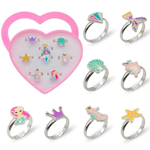 Cuackamily 8 Stück Mädchen Ringe, Spielzeugringe für Mädchen, Prinzessin Schmuck Set mit Herzform Vitrine, Kinderringe Prinzessin Set, verstellbare SchmuckRinge Set für Kinder Geburtstag Party Favors