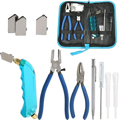 DODUOS Professioneller Glasschneider Set - Öl-Feed Cutter mit Schneidkopf 2 Größen, Fugenzange Pliers, Öltropfer, Skulpturenstift, Schraubendreher, Tasche - Glas Cutter für Glass Akkurate Schnitte