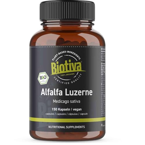 Alfalfa Luzerne Bio - 150 Kapseln - Medicago sativa - vegan - Saat-Luzerne - Schneckenklee - Ewiger Klee - Abgefüllt und kontrolliert in Deutschland - Biotiva