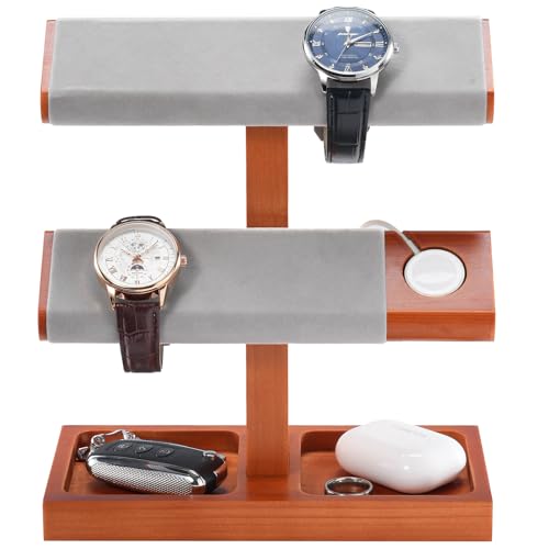 ProCase Uhrenständer, Uhrenhalter aus Holz Uhrenaufbewahrung Watch Stand, Uhrenständer T-Bar Display - 2 Etagen, Hellbraun