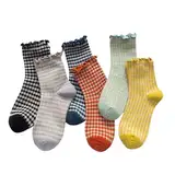 Moguri 6 Paar Rüschensocken für Damen, gestreifte Rüschensocken, süße Damensocken, karierte Socken, Söckchen für Damen, Baumwollstrick, lässige Crew-Socken, Größe 5–9