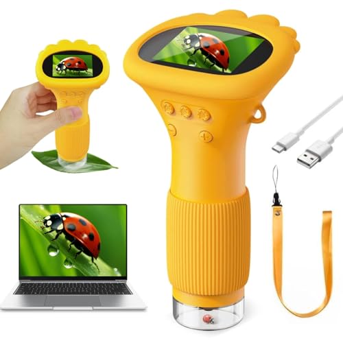 Lemoni mikroskop Ashfly-mikroskop für Kinder, lemoni Explorer - digitalermikroskop 2,0" IPS-Bildschirm USB Microscope LED Lights -Anschluss an PC, Mini-Mikroskop draussen ab 3 Jahren-Orange