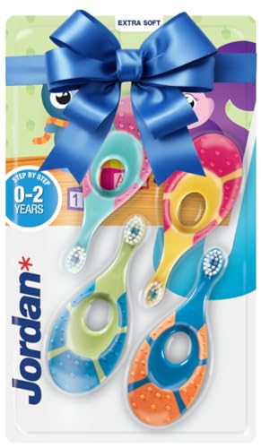 Jordan ® | Step 1 Baby Zahnbürste | Baby Zahnbürste 0-2 Jahre | Die Original Kleinkindzahnbürste mit extra weichen Borsten und weichem Beißring für Babygummis und Easy Grip | 4-pack