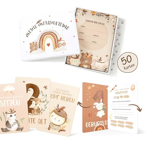 50 Meilensteinkarten Baby, Boho Stil Meilensteinkarte, Geschenkbox für Jungen & Mädchen, Meilenstein Karten Set als Geschenk zur Geburt & Babyparty, Geschenkidee zur Geburt, Taufe oder Babyparty