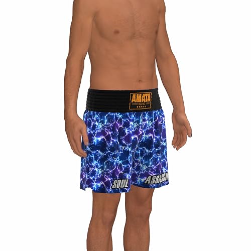 Amata Boxhose Soul Assassin Muay Thai Shorts Strike Lightning Thunder Unisex Herren Damen Kinder Erwachsene Junge Mädchen, Blau, 4X-Small