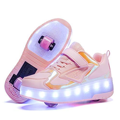 Sily Life Unisex Kinder USB Wiederaufladbar/LED Licht Skateboardschuhe mit Doppelrad Rollen/Fitnessschuhe Gymnastik Outdoor Sport Running Sneaker