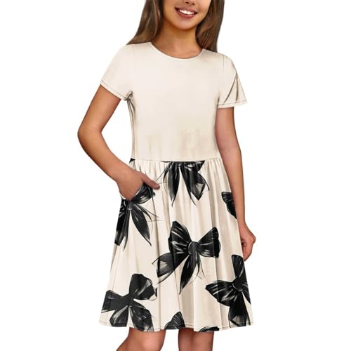 Sommerkleider Mädchen 2025 Boho Tunika Kurzarm Midikleid Loose Puffy Ärmel V-Ausschnitt Blusenkleid Cute Rundhals Ärmellos Strandkleid Casual Hohe Taille Partykleid（1-Beige,4Jahre