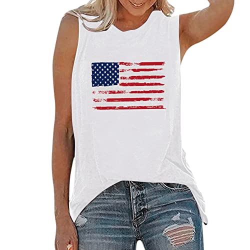 CGGMVCG 4. Juli Tank Damen Amerikanische Flagge Druck Ärmelloses T-Shirt Sommer Casual Muscle Tees USA Tank Tops für Frauen, Z01 Weiß, L