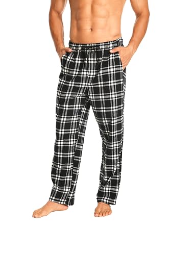 Cyathea Schlafanzughose Herren 100% Baumwolle Flannel Pyjamahose Kariert Loungehose mit Taschen Nachtwäsche Unterteil Schlafhose Weich für Männer Verstellbaren Tunnelzugbund Schwarz KariertM