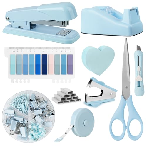 OFFCUP Büroartikel Set, Schreibtisch Set, Schreibtischzubehör 10 Kit mit Entklammerer, Heftklammern, Heftklammerentferner, Tesafilm Abroller, Schere, Bandmaß, Allzweckmesser, Clip, Haftnotizen (Blau)