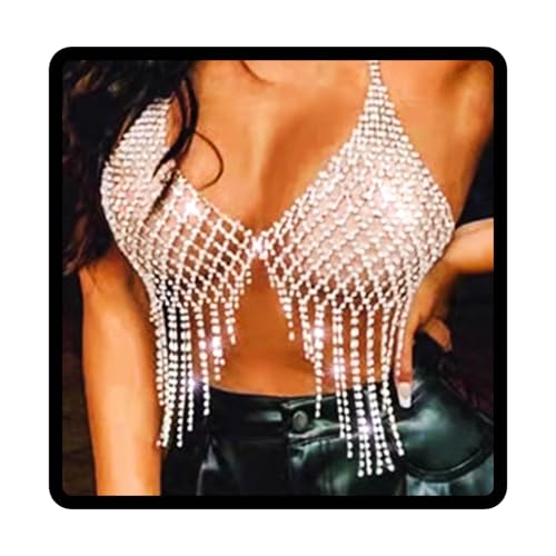Sethain Boho Strass Brustkette Silber Quaste Kristall BH-Ketten Bikini-Kette Körperschmuck für Frauen und Mädchen