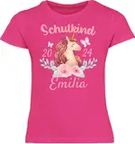 T-Shirt Mädchen - Einschulung - Schulkind Einhorn 2024-128 (7/8 Jahre) - Fuchsia - Tshirt First Day of School Schulanfang jetzt t-Shirts personalisierte t Shirts Schule kinderkleidung Schulstart