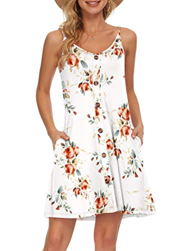 AUSELILY Sommerkleid Damen Kleider Spaghettiträger Knielang Strandkleid Freizeitkleider V Ausschnitt Leicht Kleider Sommer Mit Taschen Für Frauen(Rose White,M)