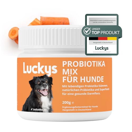 Luckys Box Probiotika-Mix für Hunde: Darmflora Aufbau bei Juckreiz, Durchfall & Blähungen – 200g Darmkur mit Probiotika, Präbiotika, Flohsamenschalen & Bierhefe – Darmaufbau nach Wurmkur/Antibiotika