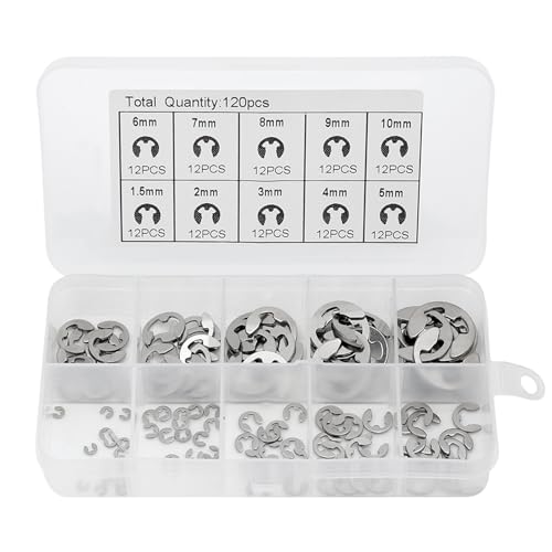 Alicer 120pcs E-Clips Sicherungsringe, Edelstahl-Sicherungsring Sprengring Set, Sicherungsscheiben Sortiment 10 Verschiedene Größen mit Box für Wellennut Maschine Automotive Anwendung (Silber)