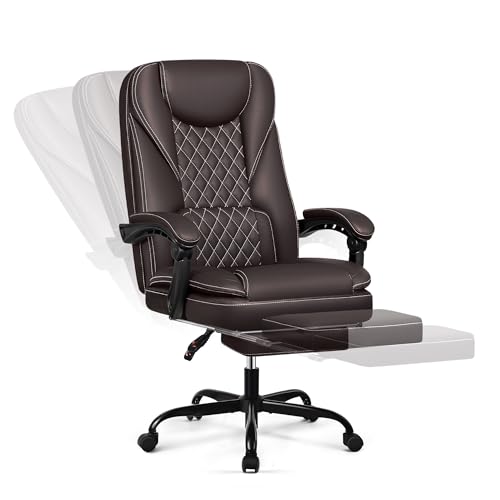 DoChair Bürostuhl ergonomischer Schreibtischstuhl 140°mit Fußstütze Kopfstütze Wippfunktion Drehstuhl Chefsessel Kunstleder 150KG, Kaffee