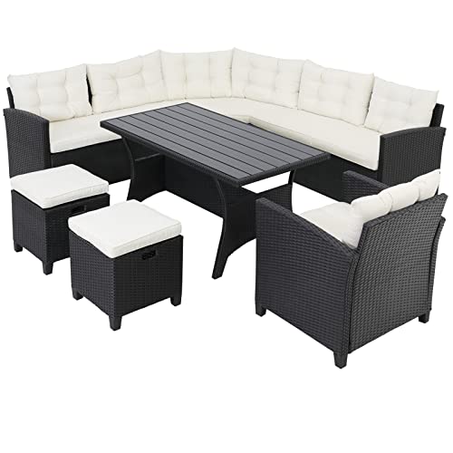 Casaria® Polyrattan Ecklounge Set WPC Esstisch Ecksofa Sessel 2 Hocker inkl. Sitzauflagen Kissen Wetterfest Outdoor Lounge Garten Terrasse Balkon Möbel