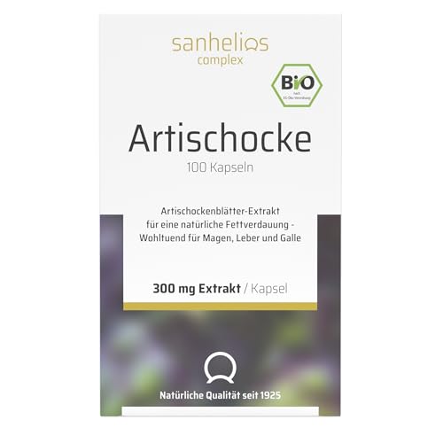 Sanhelios BIO Artischocke Kapseln | Hochdosiert aus ca. 20.000 mg BIO Artischocke | mind. 7,5 mg Cynarin | Für die natürliche Fettverdauung | BIO Qualität | vegan | 100 Kapseln