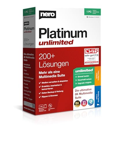 Nero Platinum Unlimited | Retailbox mit CD | Videobearbeitung | Medien verwalten & abspielen | Künstliche Intelligenz | 8K | Fotos | Musik | PC Tuning | Windows 11 / 10 / 8 / 7