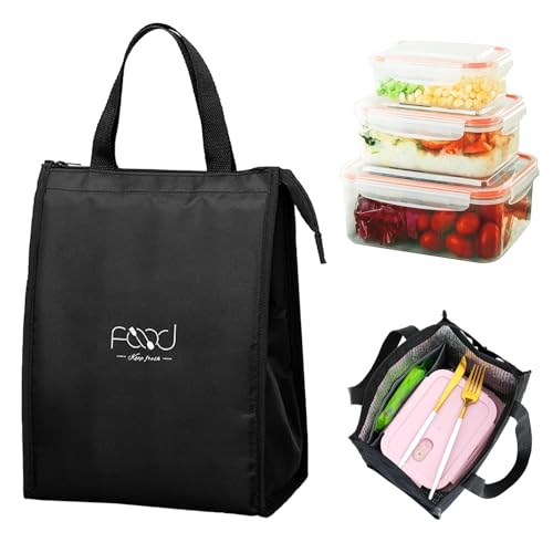 TESSTSY Große Kühltasche Faltbar, Lunchtasche Isoliert, Lunch Tasche, Faltbare Kühltasche, Picknick Kühltasche, Faltbare Picknick Handtasche, für Arbeit, Schule, Picknick(Schwarz)