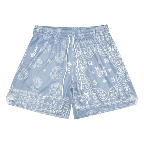 BOOMLEMON Herren-Shorts, Paisley-Shorts, Netzstoff, Grafikdruck, Retro, Freizeit-Shorts, athletisch, Fitnessstudio, Basketball, Laufen, kurze Hose, Hell, blau, Klein