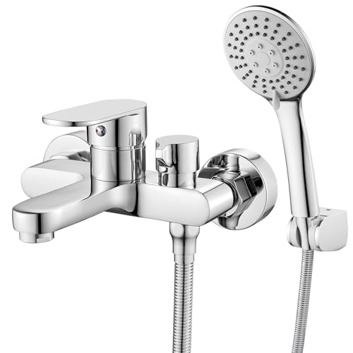 Badewannenarmatur mit Handbrause Mischbatterie Badewanne Chrom Wannenarmatur mit Brause Duschkopf 3 Funktionen, Messing Duscharmatur Wasserhahn Badewanne Set für Bad Dusche, Wandmontage 150mm