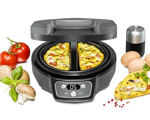 ROMMELSBACHER Omelett Chef OM 950 - Cool Touch Gehäuse, extratiefe Backmulden für 2 Omeletts, Antihaftbeschichtung, 20 Min. Zeitschaltuhr, LED-Display, Kontrolllampen, Überlaufrinne, 950 Watt