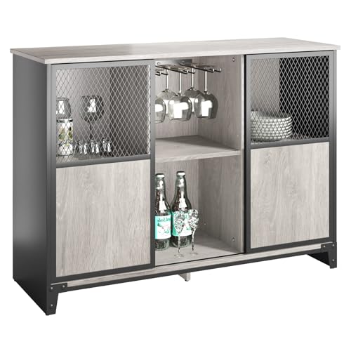 Bestier Industrie Bar-Schrank für Spirituosen und Gläser mit schiebbarer Metallgittertür Küchenbeistelltisch Buffet mit Weinregal und verstellbarem Regal Home Bar Möbel Grau