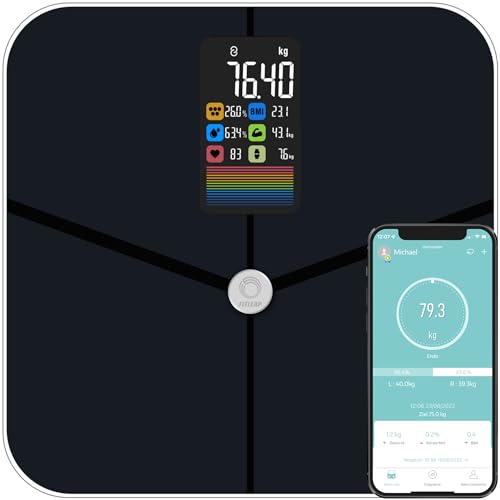 Fitleap Waage mit Körperfett- & Muskelanalyse bis 180kg, mit großen Display & App, Personenwaage und Körperfettwaage auch für große Füße geeignet