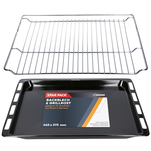 Kenekos - SET Backblech 465 x 375 x 30 mm & Grillrost geeignet für Bosch Siemens Backofen Gitterrost 00662999 00574876, emailiert ausziehbar baking tray Fettpfanne Kuchenblech