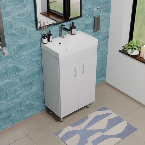 Mineralguss Waschbecken mit Unterschrank 46x85x28 cm (BxHxT) Lerma, Badezimmerschrank Stehend, Waschtisch mit Unterschrank, Badezimmermöbel für Gäste WC, Waschbeckenunterschrank Weiß Hochglanz