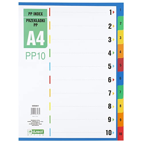 D.RECT Register für A4, PP10, 10 Trennblätter, Ringbuchregister, Taben mit Zahlenaufdruck 1-10, Mehrfarbig, Farb-Trenner aus PP, Polypropylen