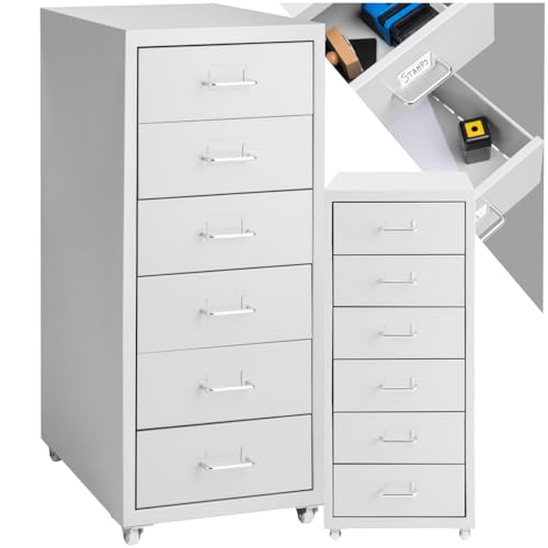 tectake® Metall Rollcontainer, Büromöbel für Schreibtisch, Büro Organizer mit 6 Schubladen, Schubladenschrank 41x28x69 cm - hellgrau