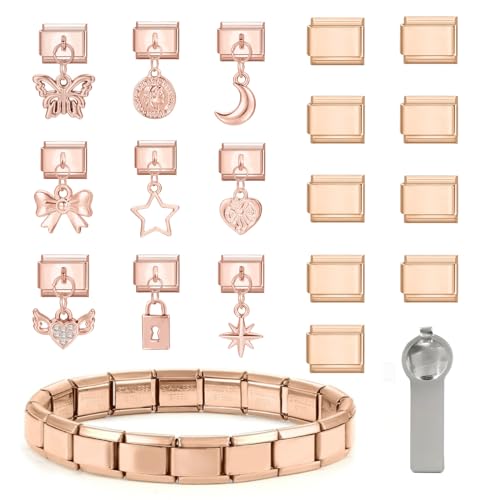 Greenyre 20PCS Italian Charm Bracelet Set Rose Gold,italienische Armbänder mit Öffnungswerkzeug,9 mm DIY abnehmbares Modul,Italian Style Charms für Damen, Mädchen Junge Geschenk