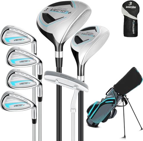 XKISS Komplettes Damen Golfschläger Set,8 Teilige Golf Set Linkshänder,Inklusive Stand Bag mit Regenhaube,3# Fairway Wood mit Head Covers, 5# Hybrid, 5#, 7#, 9# S# Eisen und Putter