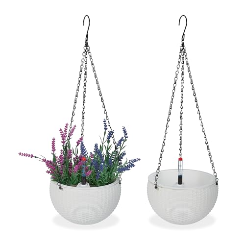 Relaxdays Blumenampel mit Wasserspeicher, 2er Set, Wasseranzeige, Flechtoptik, HxD: 54x18,5 cm, Blumentopf hängend, weiß