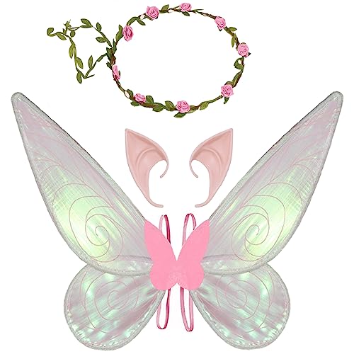 Feenflügel Kostüm, Damen Mädchen Schmetterlingsflügel Elfenflügel mit Elfenohren Blumenkranz Halloween Kostüm Zubehör Karneval Fee Party Schmetterling Kostüm Feenkostüm für Kinder Erwachsene (Rosa)