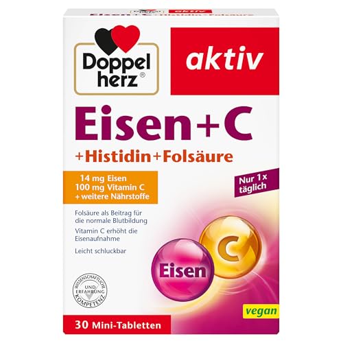 Doppelherz Eisen + C + Histidin + Folsäure - Folsäure als Beitrag für die normale Blutbildung - Vitamin C erhöht die Eisenaufnahme - 30 leicht schluckbare Mini-Tabletten