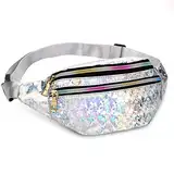 Fengzio Bauchtasche Damen Wasserdicht Gürteltasche mit 3 Reißverschluss Fächer und Reflektierender 80er,90er Jahre Outfit Damen Bauchtasche, Stylisch Hüfttasche Mädchen für Festival,Party,Sport