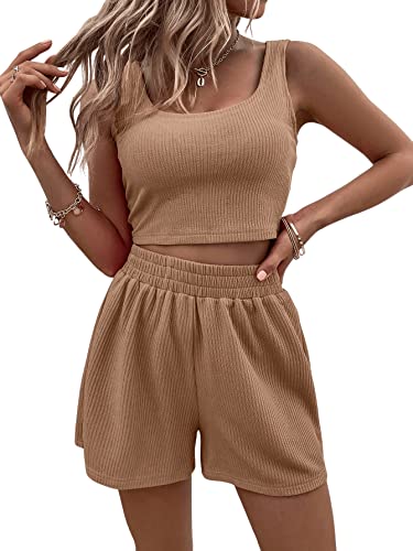 DIDK Damen Shorts und Top Sets 2 Piece Spaghettiträger Bauchfrei Tops Camisole Kurze Hose Hauseanzug Kombi 2-Teiler Home Set Braun XS