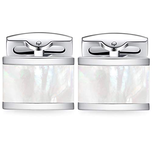 HONEY BEAR Herren Manschettenknöpfe Hochzeit Cufflinks Manschettenknopf Gebürstet-Silber Edelstahl (Weiße Schale)