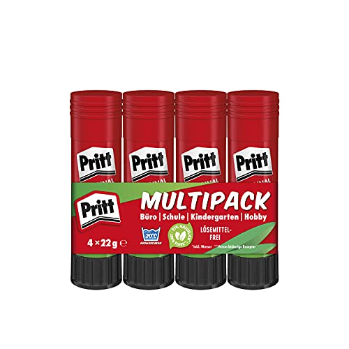 Pritt Klebestift, sicherer und kinderfreundlicher Bastelkleber für Kunst und Bastelarbeiten, starker Kleber für Schule & Bürobedarf, 4x22g Pritt Stift