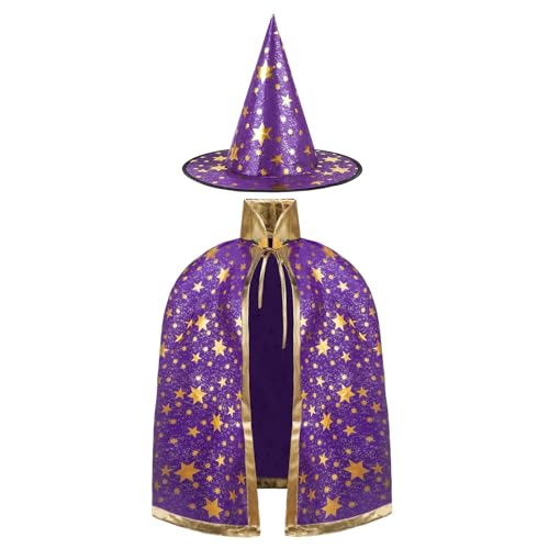 AYBUY Kinder Halloween Kostüm, 2 Stück Zauberer Kostüm Kinder, Wizard Cape Witch Umhang mit Hut, Kinderkostüm Hexenhut Faschingskostüm für Karneval Fasching Cosplay Junge Mädchen, Lila