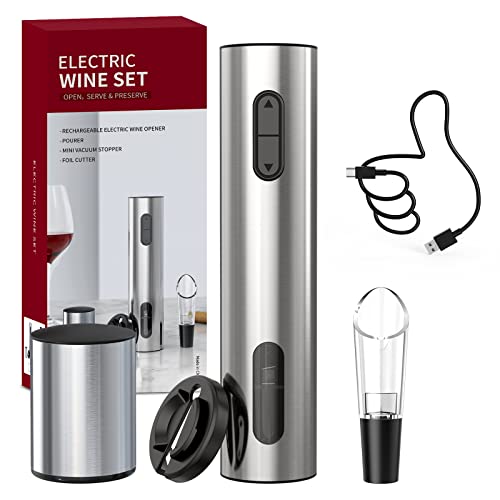 CIRCLE JOY Elektrischer Weinöffner-Set Elektrischer Korkenzieher Wein Wiederaufladbarer Weinflaschenöffner Wein Geschenkset mit Folienschneider, Weinbelüfter und Vakuum-Weinverschluss, Silber