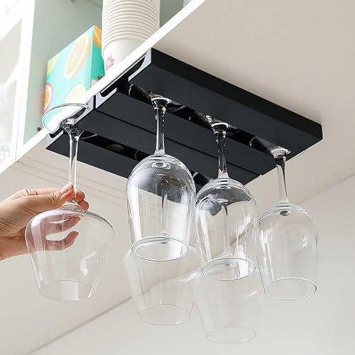 2 Stück Weinglashalter, Gläserhalter zum Aufhängen, Weingläser Halter Unter Dem Schrank Weinglashalter Stemware Rack hängende Kein Bohren, Weinglasregal Hängend Glashalter Schwarz (1)