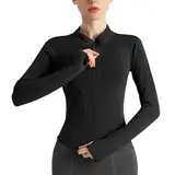 Sportshirt Damen Langarm, Gym T-Shirt Laufshirt mit Langer Reißverschluss, Leicht Fitness Oberteil Sweatshirt, Yoga Langarm Crop Top mit Daumenloch, Sportjacke für Frauen