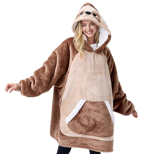 Giggling Getup Faultier tragbare Decken Hoodie, Übergrößer weicher Sherpa Fleece Kapuzen Decke, Warmer komfortabele Plüsch Flanell Decken Sweatshirt mit Tasche und Ärmeln für Erwachsene Damen Herren